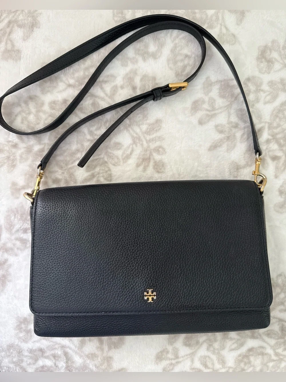 Tory Burch Blake Flap Black Pebbled Leather Small Crossbody